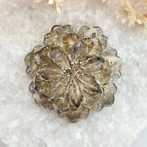 Pewter Handcrafted Filigree Vintage Floral Layered Classic Brooch | Pin